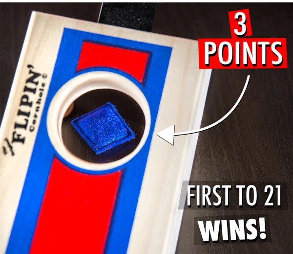 Simple rules for hours of fun: flip on the board for 1 point and in the hole for 3 points; first to 21 wins!