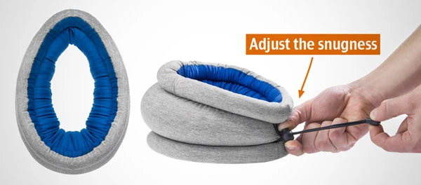 The soft and comfortable Ostrich Pillow Lite can fit almost any size head with an adjustable strap on the back.