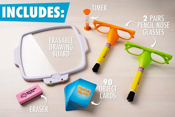 Pencil Nose includes an erasable drawing board, 2 pairs of glasses with markers, 90 object cards, a timer, and an eraser.