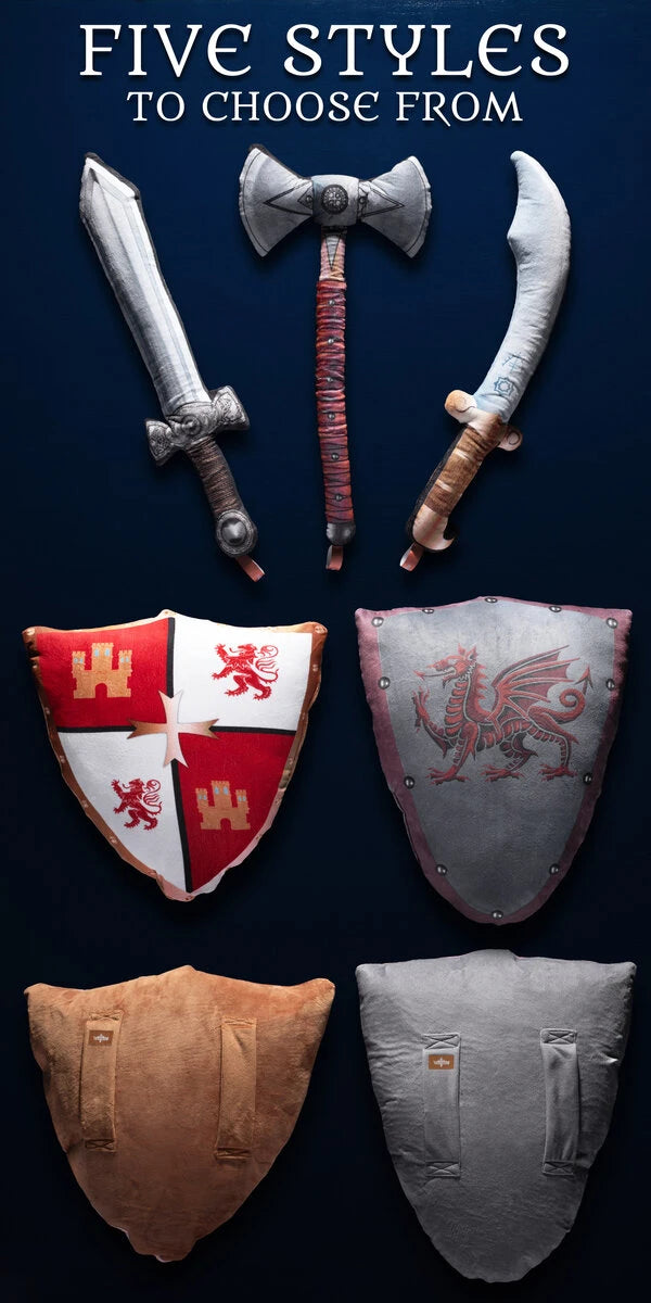 Choose between a variety of super fun swords, axes, and shields!