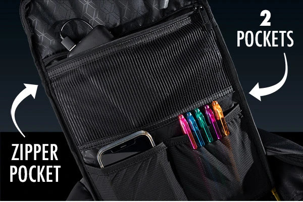 Multiple views of the backpack showing 4 internal pockets, a bottle holder loop, a side access tablet pocket, a document pocket, an earbud cable port, a luggage handle strap, and an internal laptop pocket