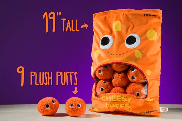 The bag is filled with 9 plush cheesy puffs.
