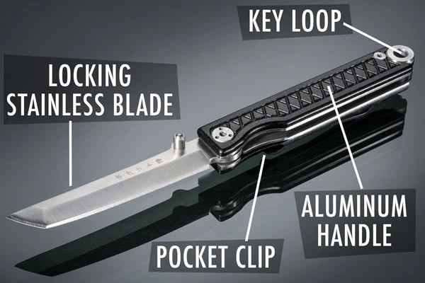 Aluminum handle, Locking stainless blade, Key loop, Pocket clip