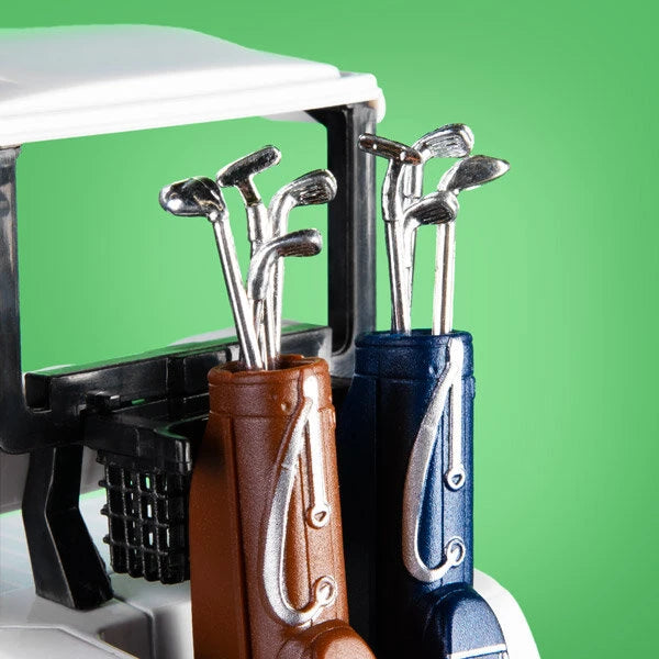 Comes with two mini sets of golf clubs (non-removable).