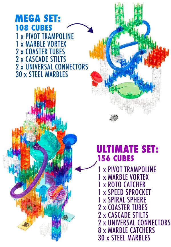 Mega Stunt Set includes: 108 cubes, 2 coaster tubes, 2 cascade stilts, 2 universal connectors, 1 pivot trampoline, 1 marble vortex, 30 steel marbles; Ultimate Stunt Set Includes: 156 cubes, 2 coaster tubes, 2 cascade stilts, 2 universal connectors, 1 pivot trampoline, 1 marble vortex, 1 roto catcher, 1 speed sprocket, 1 spiral sphere, 8 marble catchers, and 30 steel marbles
