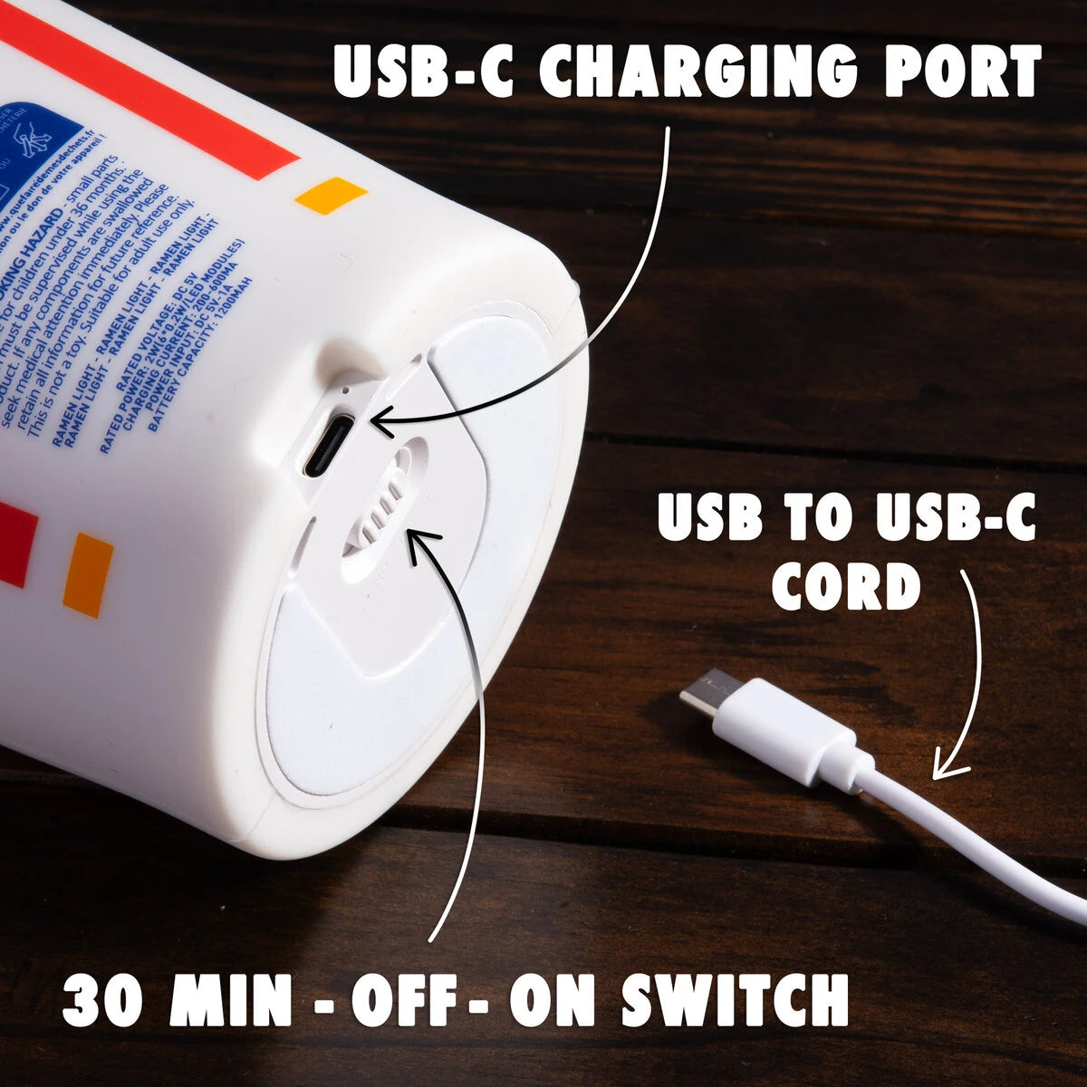 Features a 30-minute auto-off timer and a USB-C charging cable.