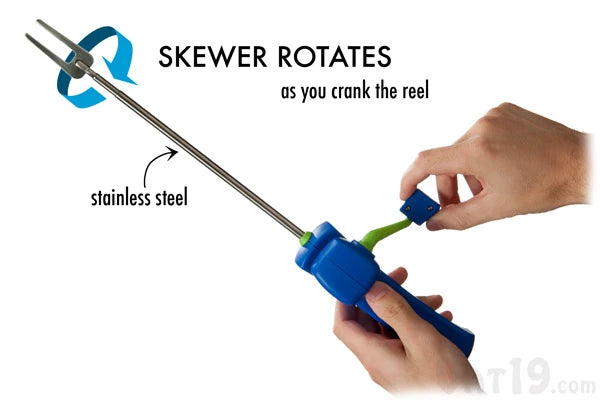 Simply crank the reel to rotate the skewer.