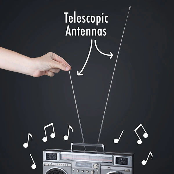 Features AM/FM Radio tuner with dual telescoping antennas.