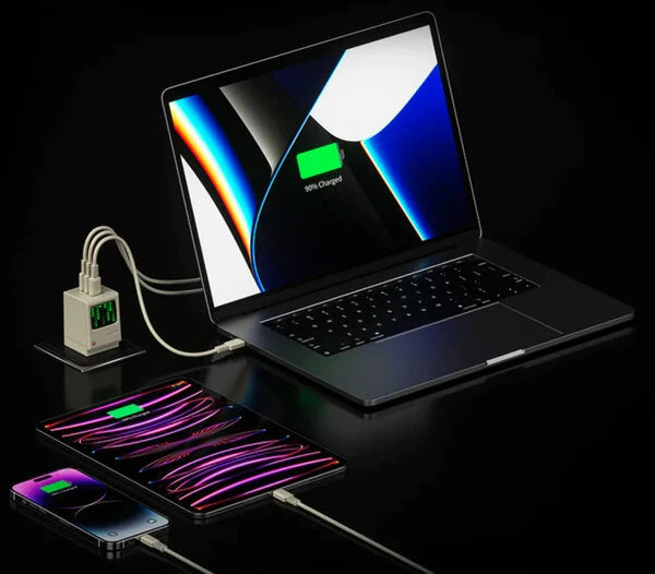 3 USB-C ports. Charges 3 devices at once.