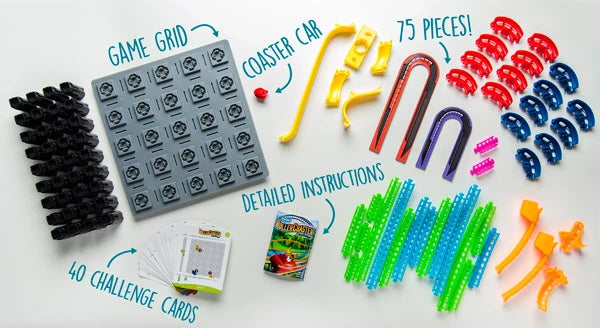 Game grid & coaster car, 75+ pieces, 40 challenge cards, detailed instructions