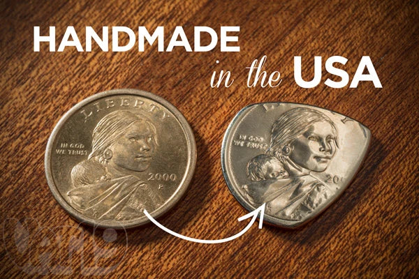 Each Golden Dollar Coin Guitar Pick is made by hand in the USA.