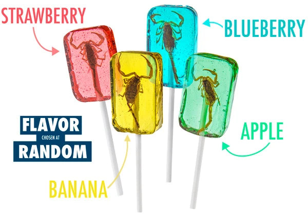 Scorpion lollipops are available in strawberry, banana, blueberry, and apple flavors.