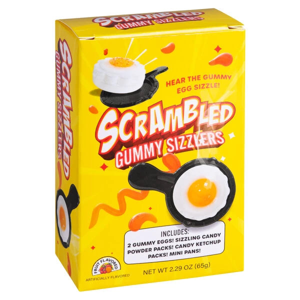 Includes two gummy "eggs", sizzling candy powder packs, mini pans, and candy ketchup packets!