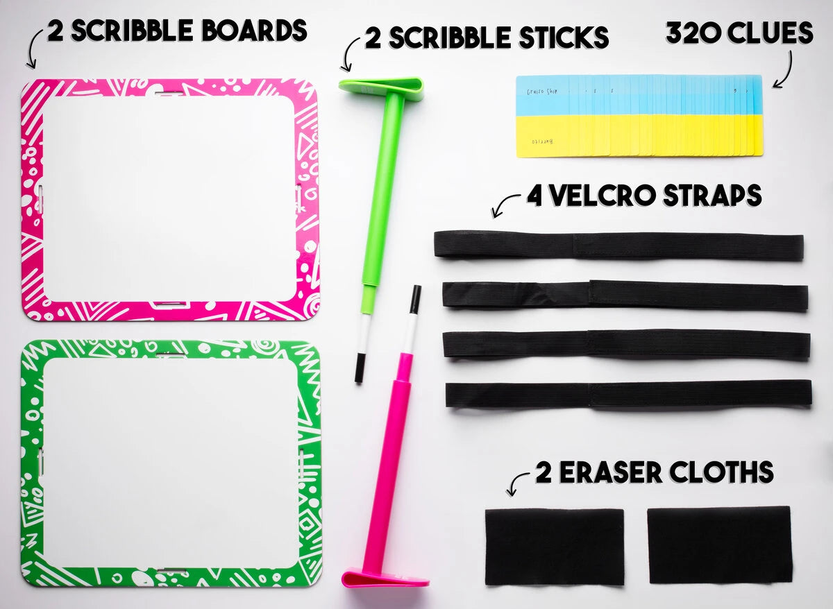 Includes: 2 scribble sticks, 2 scribble boards, 4 velcro straps, 320 clues, 2 eraser cloths