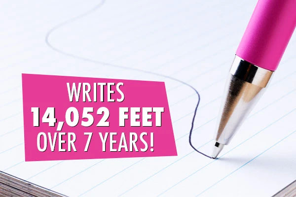 The 7-Year Pen can write 5.5 feet per day for 7 years before running out.