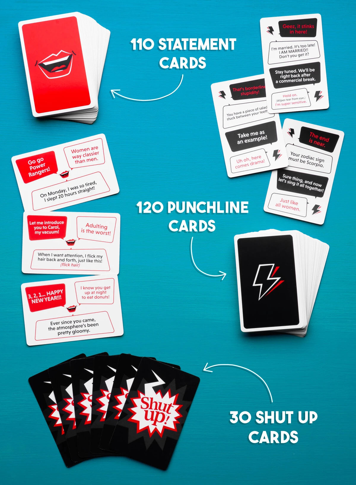 Includes: 260 cards (110 statement cards, 120 punchline cards, 30 shutup cards), 1 rule page, 1 card dispenser