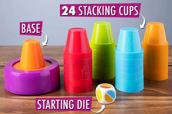Includes: 1 base, 1 starting die, 24 cups, and an illustrated rule book.