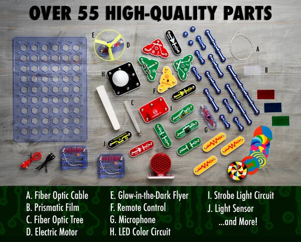 Includes: instructional book with 83 assorted projects, over 94 online projects, lights, 55+ snap-together parts, and a circuit board.