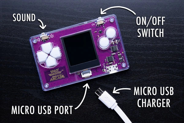 The micro arcade console features sound, a power switch, and a micro USB port.