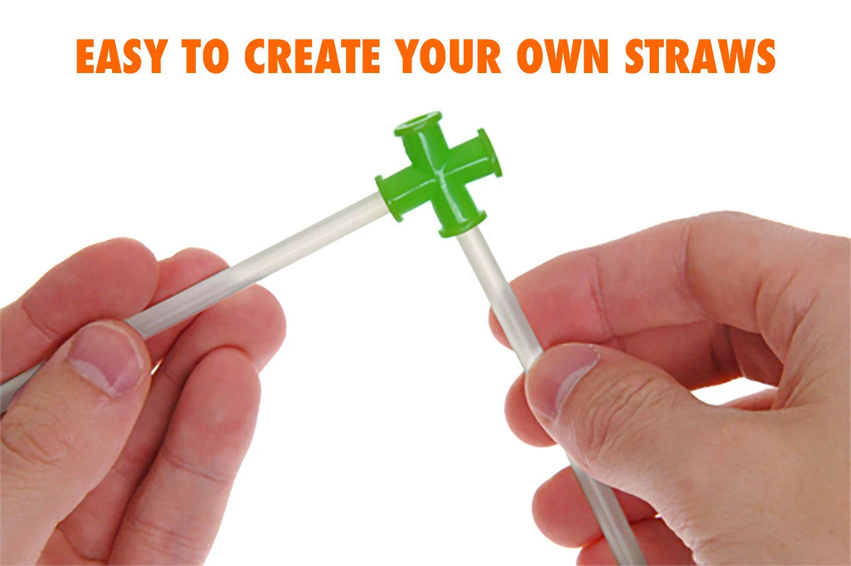 Simply join the plastic straws to the rubbery connecting pieces to create fun straw designs.