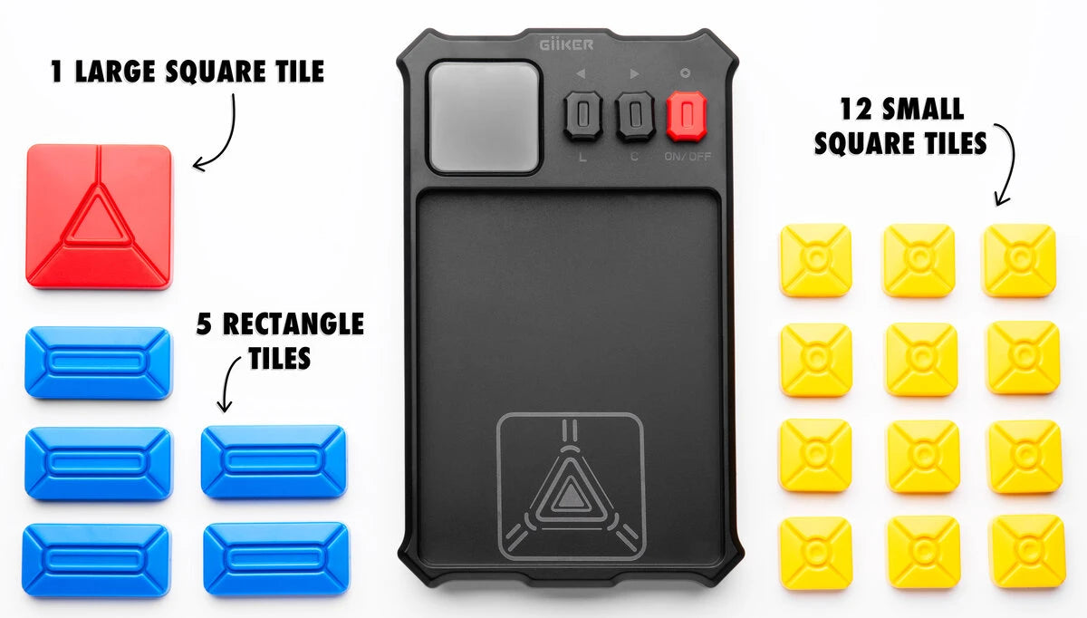 Includes electronic game board and 18 magnetic tile pieces.