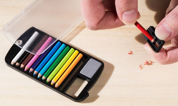 These babies come with a sharpener, eraser, and case.