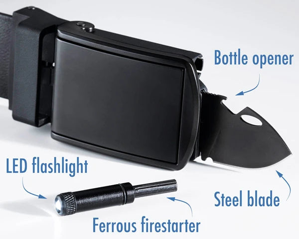 The belt includes a steel knife blade, firestarter, LED flashlight, and bottle opener.