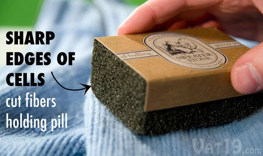 The unique crumbling action of the Sweater Stone both removes pills and prevents snags.