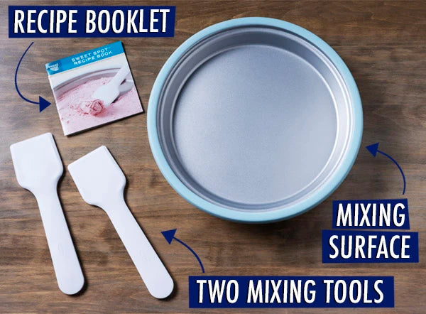 Includes recipe booklet, two mixing tools, and the pan with fast-freeze mixing surface.