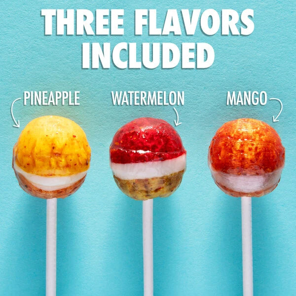 Each bag includes six lollipops featuring pineapple, watermelon, and mango flavors.