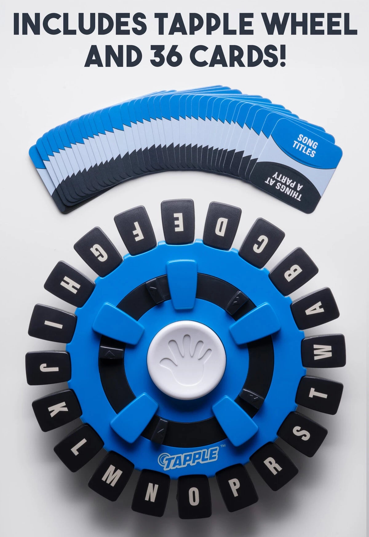Includes: Tapple wheel (letter eliminator/timer), 36 cards featuring 144 categories, and instructions