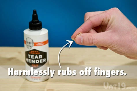 Tear Mender does not penetrate non-porous surfaces or skin, so it's easy to rub off.