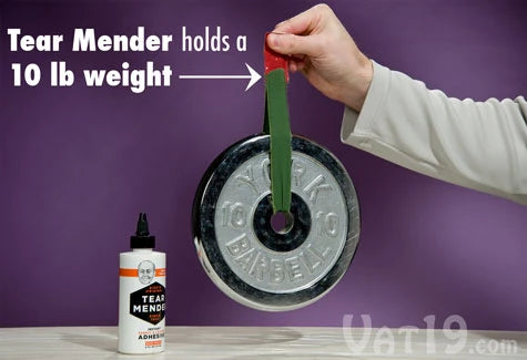 The ten-pound weight is held by two pieces of fabric that were glued together using Tear Mender Adhesive.