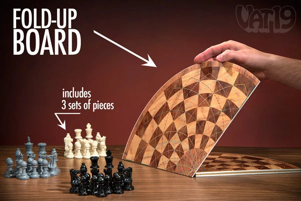 Three Man Chess includes three sets of pieces and a large fold-up board.