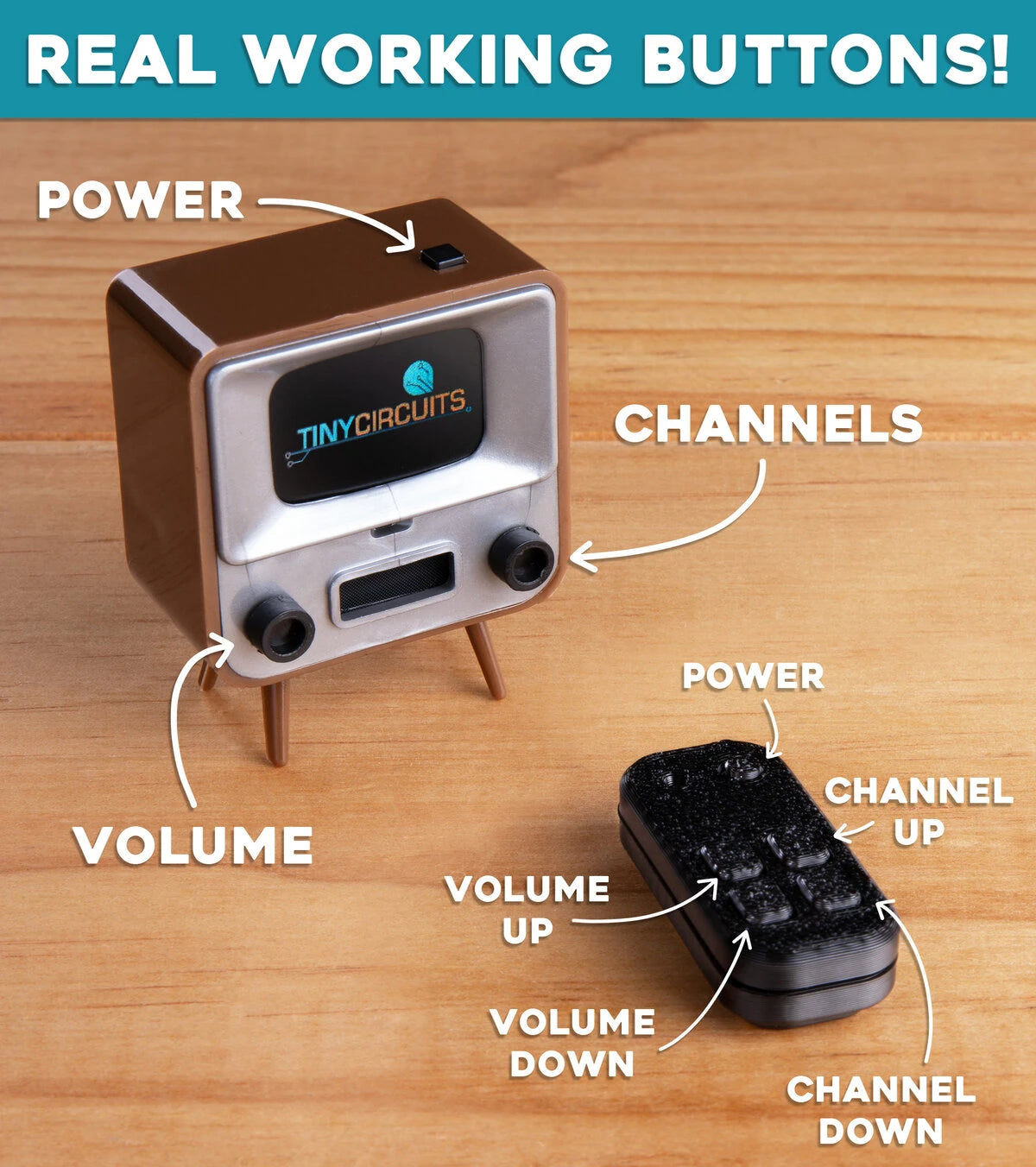 The rotary knobs are functional! Use them to change the "channel" and adjust the volume.