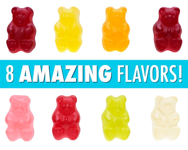 Ultimate Gummy Bears come in 8 assorted flavors: alphonso mango, amity raspberry, asian pear, black currant, blood orange, crimson cranberry, fuji apple, and queen pineapple.