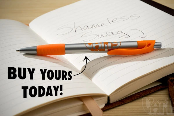 The official Vat19.com ballpoint pen features a retractable tip and a rubber grip. It's perfect for writing us love letters!