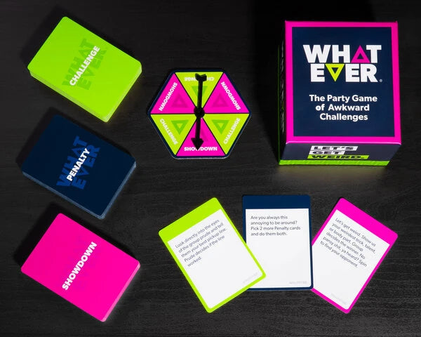 Includes 200 cards (75 Challenge, 75 Showdown, and 50 Penalty), spinner, and sarcastic instruction booklet.