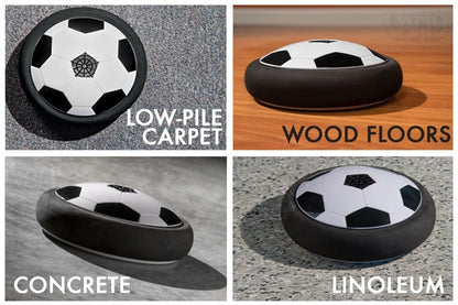 The Air Power Soccer Disc works on any flat and smooth surface such as low-pile carpet, wood, linoleum, and concrete.