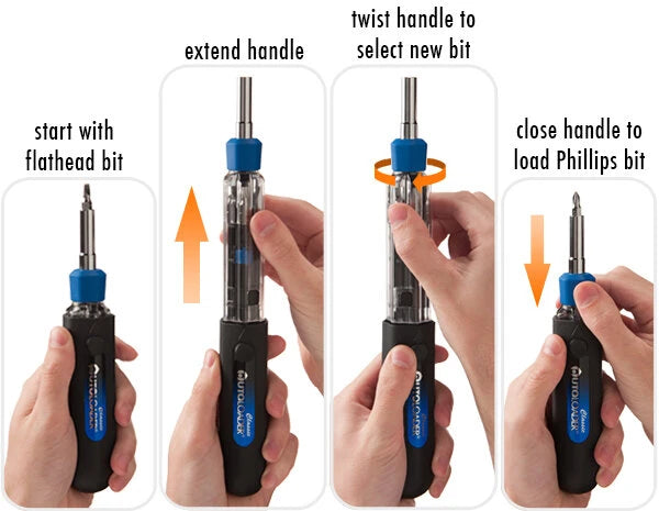 Switch bits easily and quickly. Just pull, twist, and close!