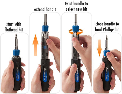 Switch bits easily and quickly. Just pull, twist, and close!