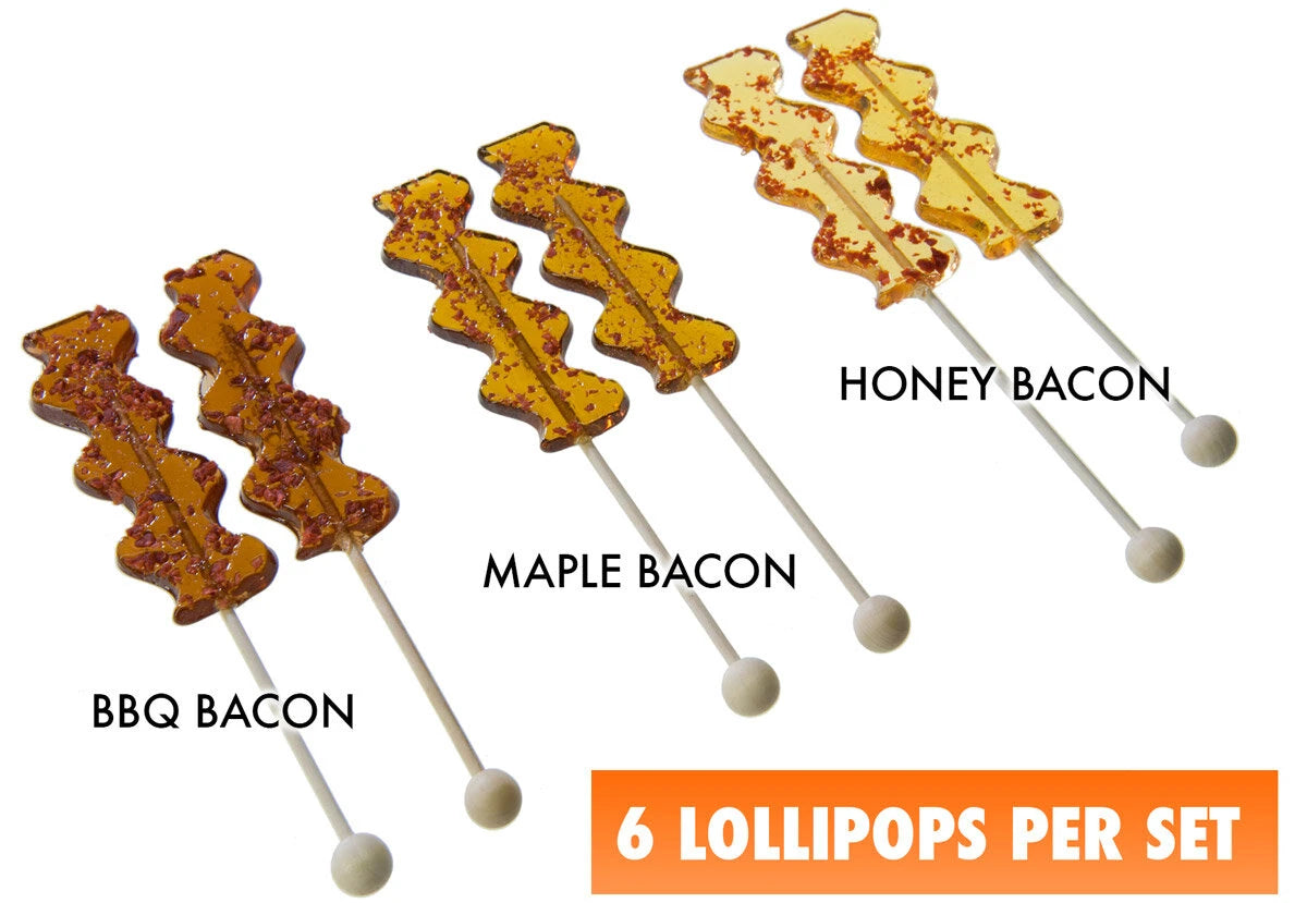 Each set of Bacon Lollipops includes six bacon-flavored suckers. You get two each of BBQ, Maple, and Honey.