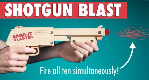 Rubber Band Shotgun performing a shotgun blast of rubber bands.