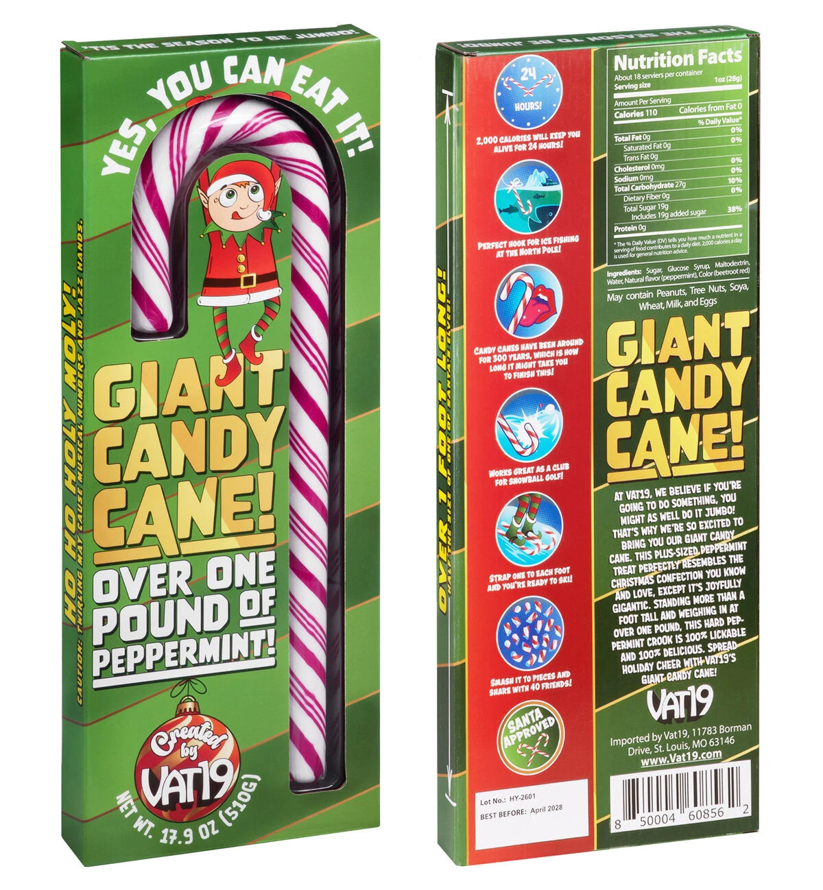 This colossal candy is packaged in a festive display box that shows off its ginormousness.