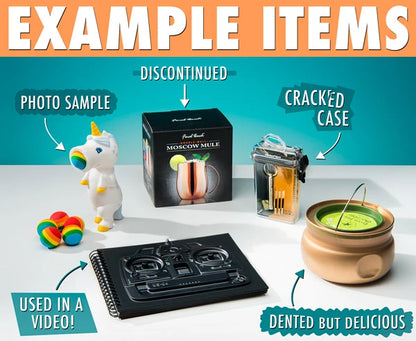 Example items: cracked case, dented but delicious, discontinued, photo sample, used in a video
