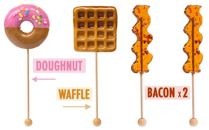 Each set of Breakfast Lollipops includes one doughnut, one waffle, and two bacon lollipops.