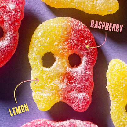 Each skull is divided between a delightfully sour raspberry and a bright, zesty lemon.