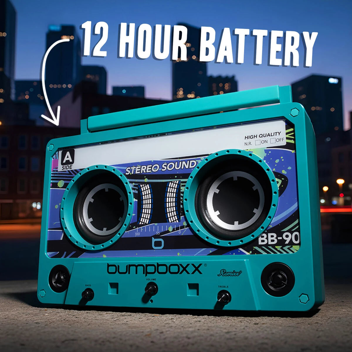 This giant portable "cassette" features a rechargeable battery with 12 hrs of playtime.