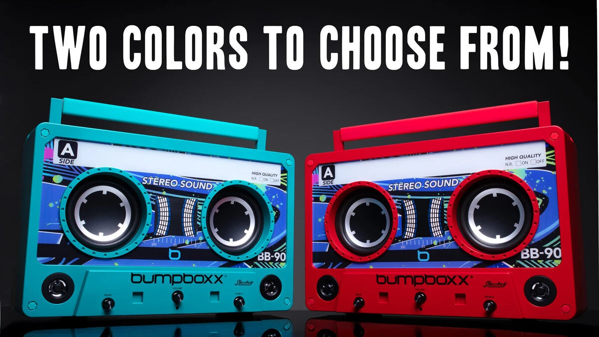 Inspired by a cassette tape, this blast from the past sonic device stands out at any party with bright colors and an animated LED display.