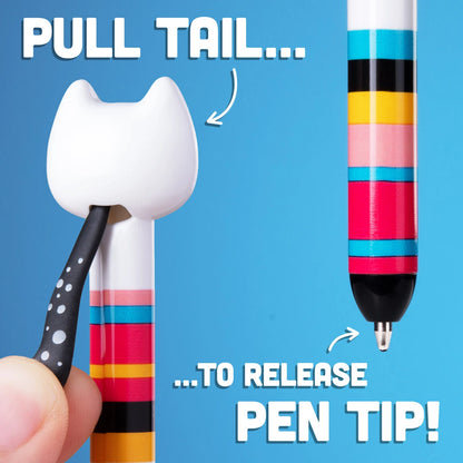 Pull the cat's tail (with a satisfying click) to release the pen's tip.